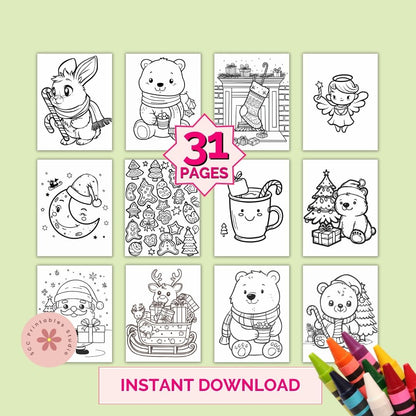 Collection of Christmas-themed coloring pages with crayons on a light green background