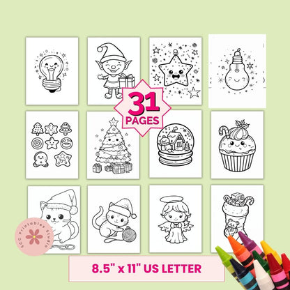 Coloring book pages with various illustrations on a green background, featuring 31 pages and size 8.5" x 11" US Letter.
