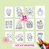 Coloring book pages with various illustrations on a green background, featuring 31 pages and size 8.5" x 11" US Letter.
