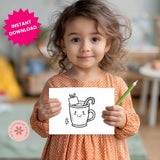 Child holding a drawing of a coffee cup with a pencil, with 'Instant Download' text overlay.