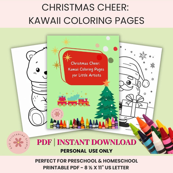 Kawaii Christmas coloring pages with crayons on a light green background