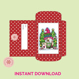Red polka dot envelope with a Christmas-themed card inside on a light green background.