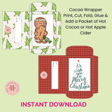 Cocoa wrapper design with gingerbread man and Christmas trees on a green background