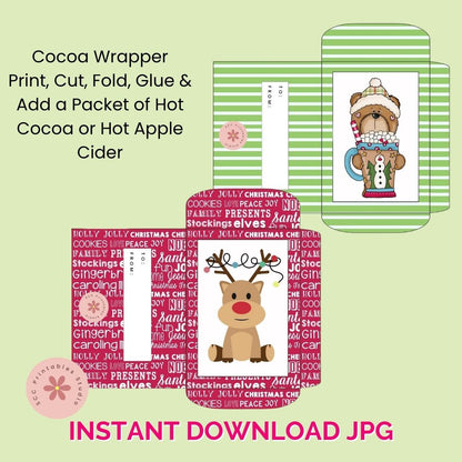 Christmas-themed cocoa wrapper with reindeer and teddy bear design on a light green background.