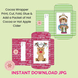 Christmas-themed cocoa wrapper with reindeer and teddy bear design on a light green background.