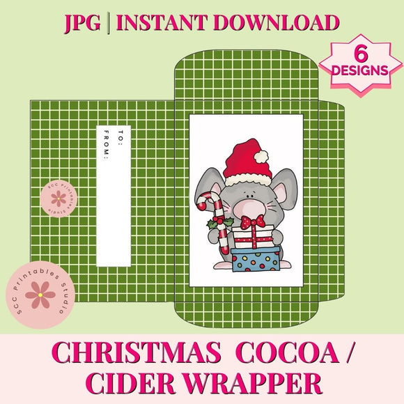 Christmas cocoa or cider wrapper with a mouse design on a green grid background
