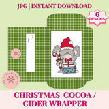 Christmas cocoa or cider wrapper with a mouse design on a green grid background