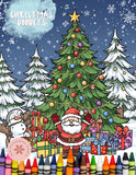 Coloring book cover with Christmas-themed illustrations, including a decorated tree and Santa Claus, surrounded by crayons.