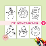 Set of Christmas-themed coloring pages with crayons on a light green background