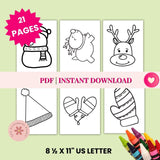 Set of black line drawings on a green background with crayons on the side, labeled as PDF instant download with 21 pages.