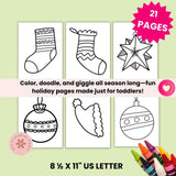 Coloring book pages for toddlers with Christmas-themed illustrations on a light green background.