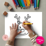 Child coloring a reindeer drawing with colored pencils on a gray background
