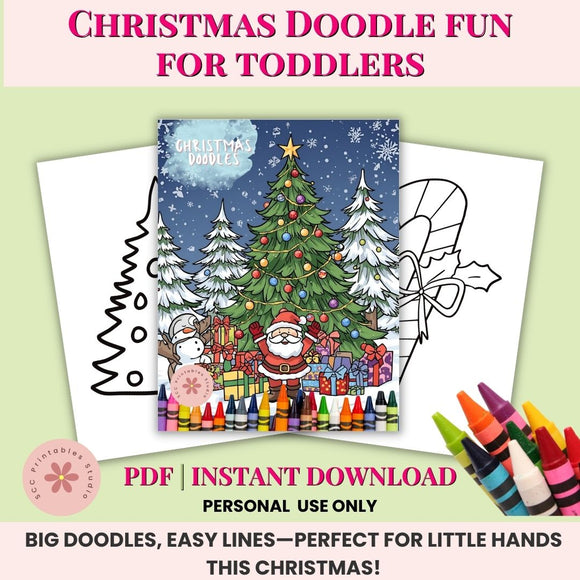 Coloring book with Christmas-themed doodles and crayons on a light green background