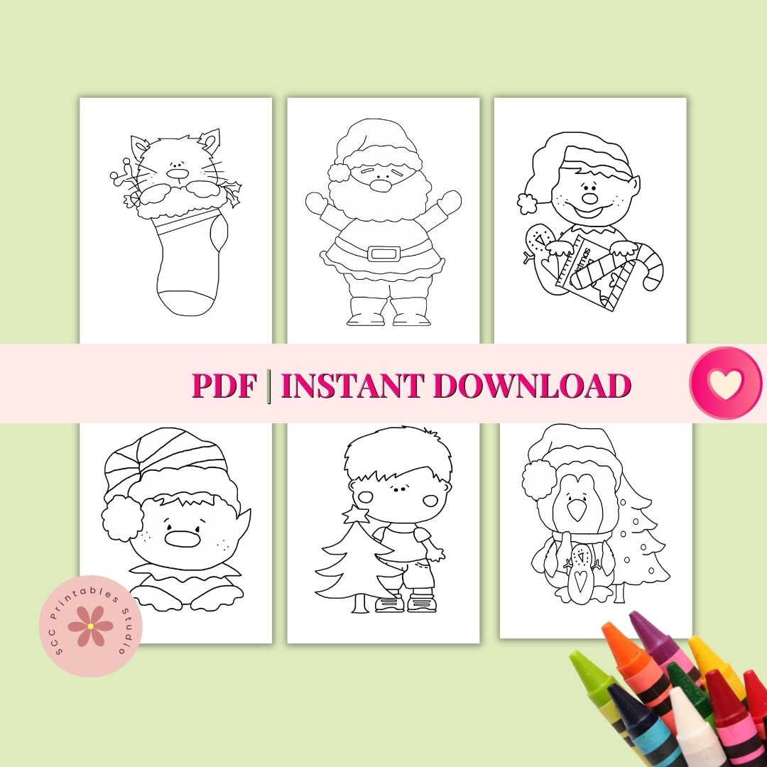Christmas Doodle Coloring Pages for Kids, Printable Holiday Coloring Book with Santa, Elves, Snowmen & Gnomes