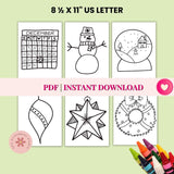 Set of Christmas-themed coloring pages on a light green background with crayons.