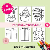 Set of Christmas-themed coloring pages with crayons on a light green background