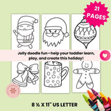 Set of Christmas-themed coloring pages with crayons on a light green background