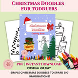 Coloring book titled 'Christmas Doodles for Toddlers' with crayons on a light green background