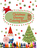 Cover of a Christmas-themed coloring book with gnomes, a tree, and crayons.