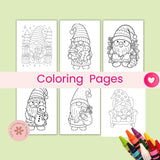 Set of Christmas-themed coloring pages with gnomes on a light green background, accompanied by colorful crayons.