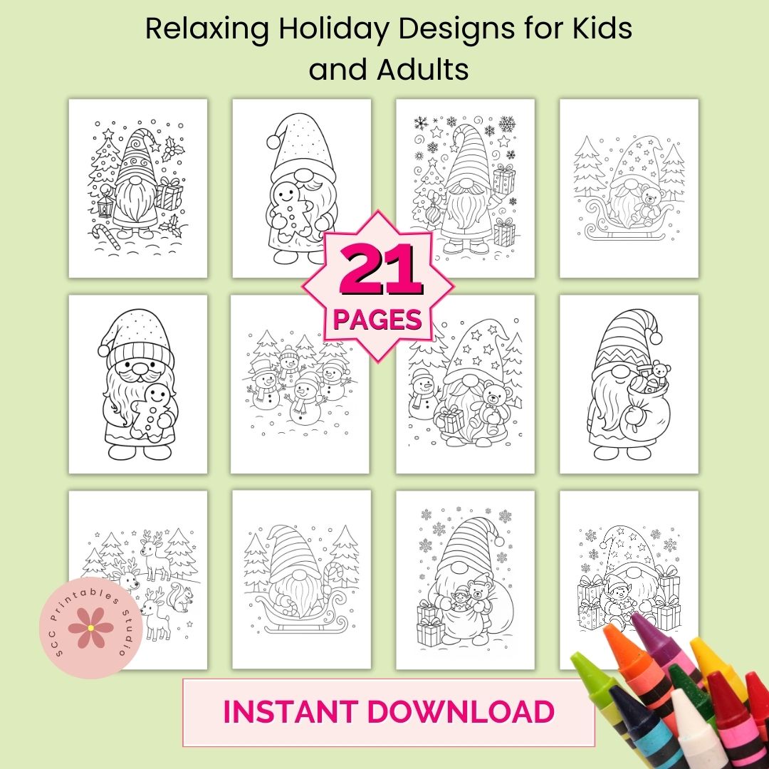 Coloring book pages with Christmas-themed gnomes on a green background, featuring 21 pages and instant download text.