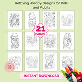 Coloring book pages with Christmas-themed gnomes on a green background, featuring 21 pages and instant download text.