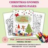 Christmas gnomes coloring pages with a cover page and sample designs on a light green background.
