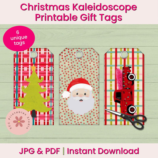 Promotional graphic for a Christmas kaleidoscope printable gift tags set, showing three sample tags with holiday designs: a green Christmas tree on red plaid, Santa's face on beige polka dots, and a red sleigh on multicolor plaid. Text reads 'Christmas Kaleidoscope Printable Gift Tags,' '6 unique tags,' 'JPG & PDF | Instant Download,' and includes a scissors icon and a circular 'SGC Printables' mark.
