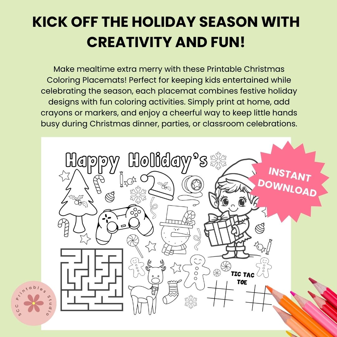 Christmas Activity Page for Kids, Printable Christmas Placemat, Teacher & Home School Resources, Classroom Coloring, Christmas Party Activities, Maze, Tic Tack Toe