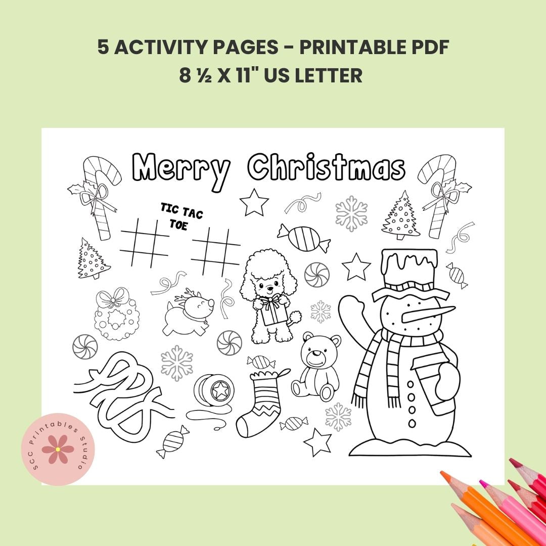 Christmas Activity Page for Kids, Printable Christmas Placemat, Teacher & Home School Resources, Classroom Coloring, Christmas Party Activities, Maze, Tic Tack Toe