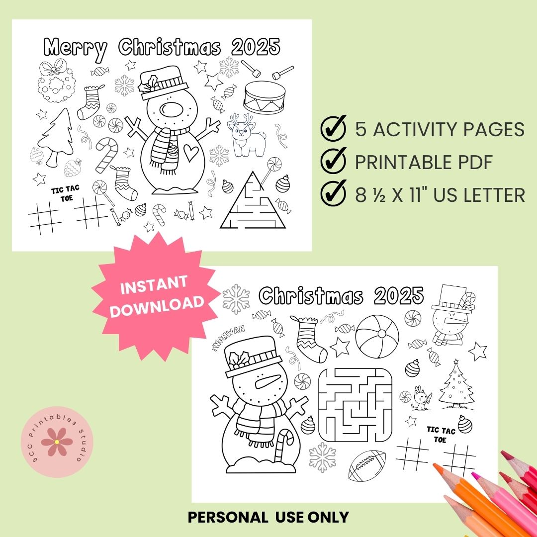 Christmas Activity Page for Kids, Printable Christmas Placemat, Teacher & Home School Resources, Classroom Coloring, Christmas Party Activities, Maze, Tic Tack Toe