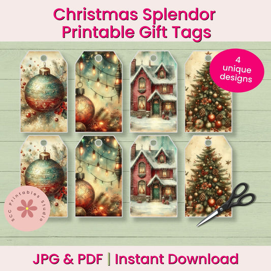 Promotional graphic for Christmas printable gift tags showing six festive tag designs arranged on a light wood background. The designs include ornaments, holiday lights, a snowy house, and a Christmas tree.