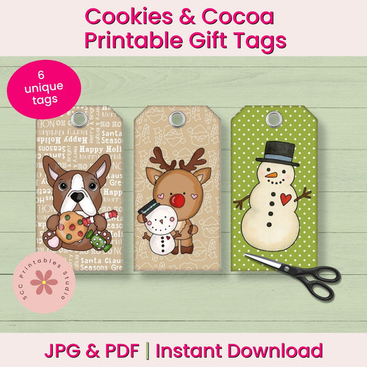 Promotional graphic for printable holiday gift tags showing three sample tags: a dog with a cookie, a reindeer with a snowman, and a snowman on a green polka-dot background. Text reads 'Cookies & Cocoa Printable Gift Tags,' '6 unique tags,' and 'JPG & PDF | Instant Download.