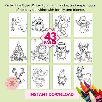 Cozy Christmas Coloring Book Printable for Kids & Adults, Winter Holiday Coloring Pages with Santa, Reindeer & Snowmen