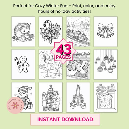 Cozy Christmas Coloring Book Printable for Kids & Adults, Winter Holiday Coloring Pages with Santa, Reindeer & Snowmen