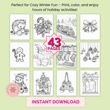 Cozy Christmas Coloring Book Printable for Kids & Adults, Winter Holiday Coloring Pages with Santa, Reindeer & Snowmen