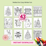 Cozy Christmas Coloring Book Printable for Kids & Adults, Winter Holiday Coloring Pages with Santa, Reindeer & Snowmen
