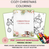 Cozy Christmas Coloring Book Printable for Kids & Adults, Winter Holiday Coloring Pages with Santa, Reindeer & Snowmen