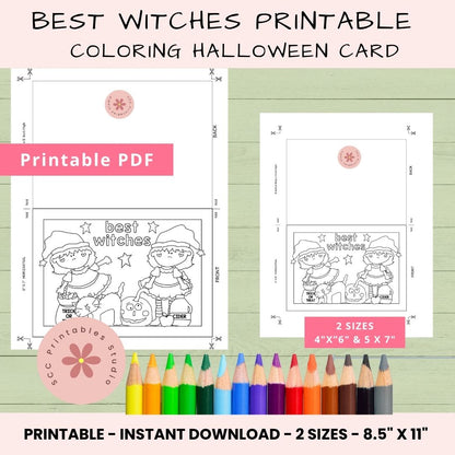 Halloween-themed coloring card with two sizes and colored pencils on a green background