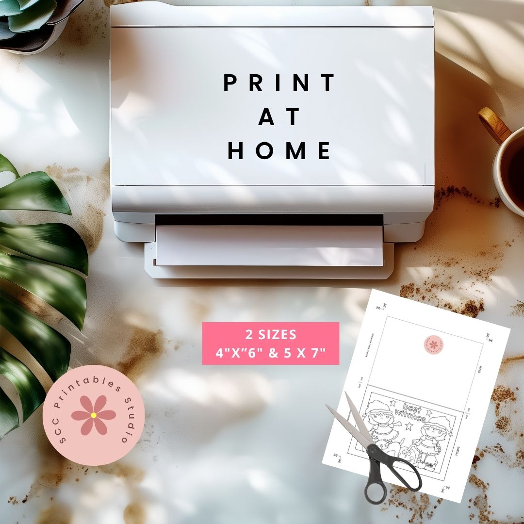 Printer with 'Print at Home' text on a marble surface with a plant and cup of coffee.