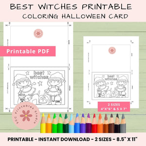 Halloween-themed coloring card with two sizes and colored pencils on a green background