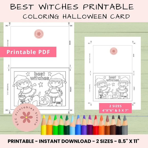 Halloween-themed coloring card with two sizes and colored pencils on a green background