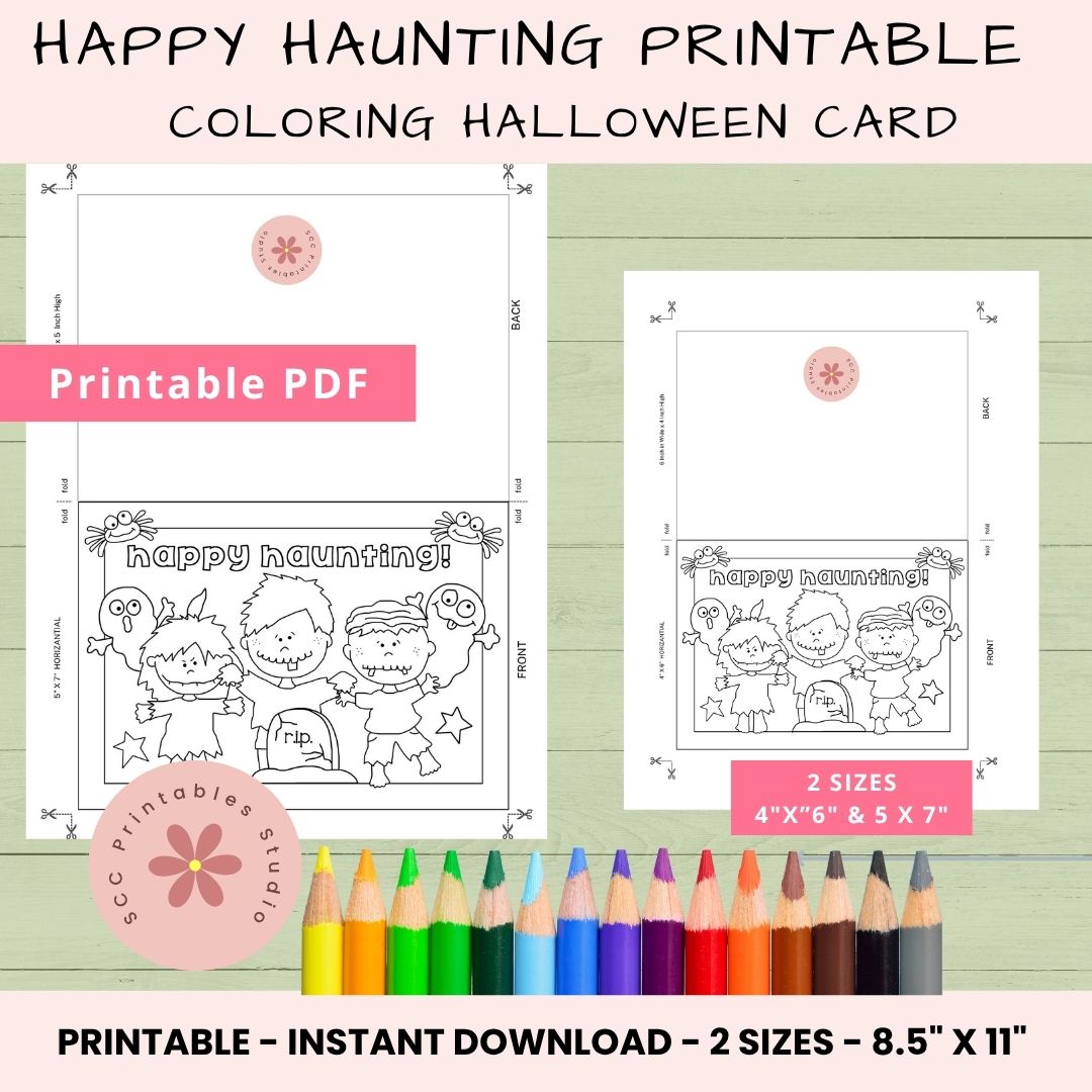 Happy Haunting Halloween Coloring Card – Printable 5x7 & 4x6 Foldable Card, Blank Inside DIY Greeting for Kids & Classrooms