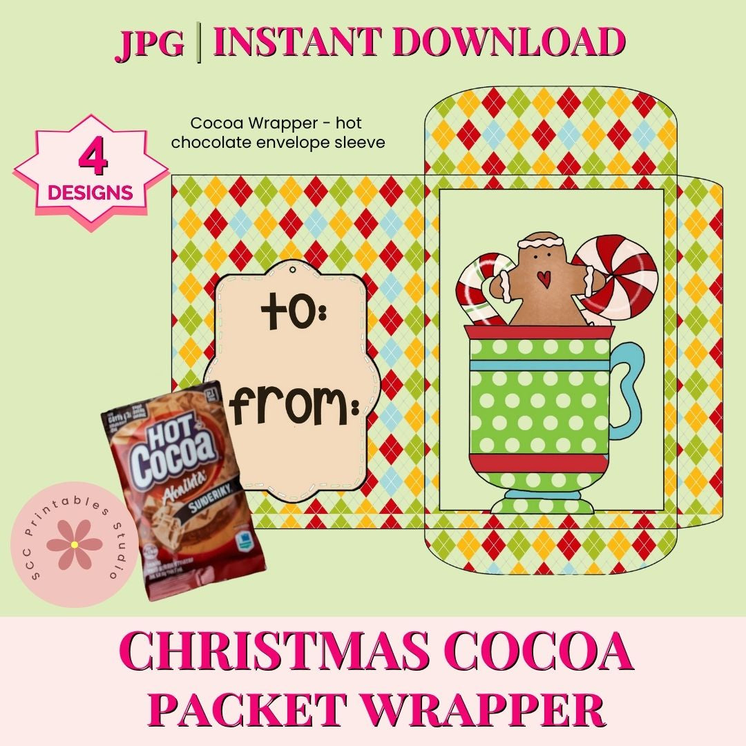 Christmas Hot Cocoa Wrapper Printable | Instant Holiday Chocolate Favor Sleeve | DIY Teacher & Co-Worker Gift, Stocking Stuffer & Party Treat