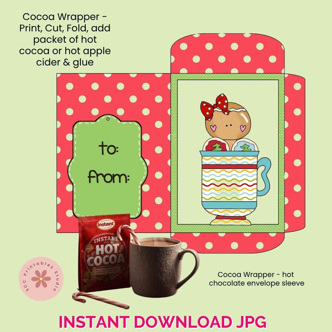 Christmas Hot Cocoa Wrapper Printable | Instant Holiday Chocolate Favor Sleeve | DIY Teacher & Co-Worker Gift, Stocking Stuffer & Party Treat