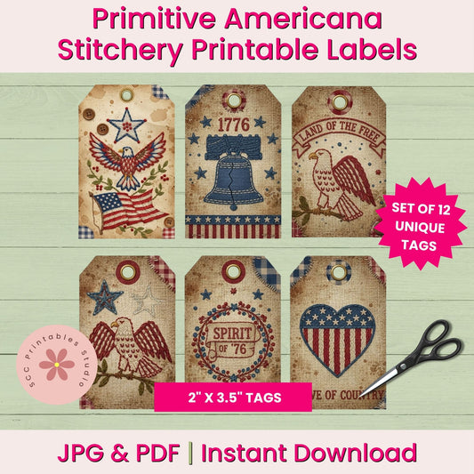Set of Primitive Americana Stitchery Printable Labels with patriotic design on a wooden background.