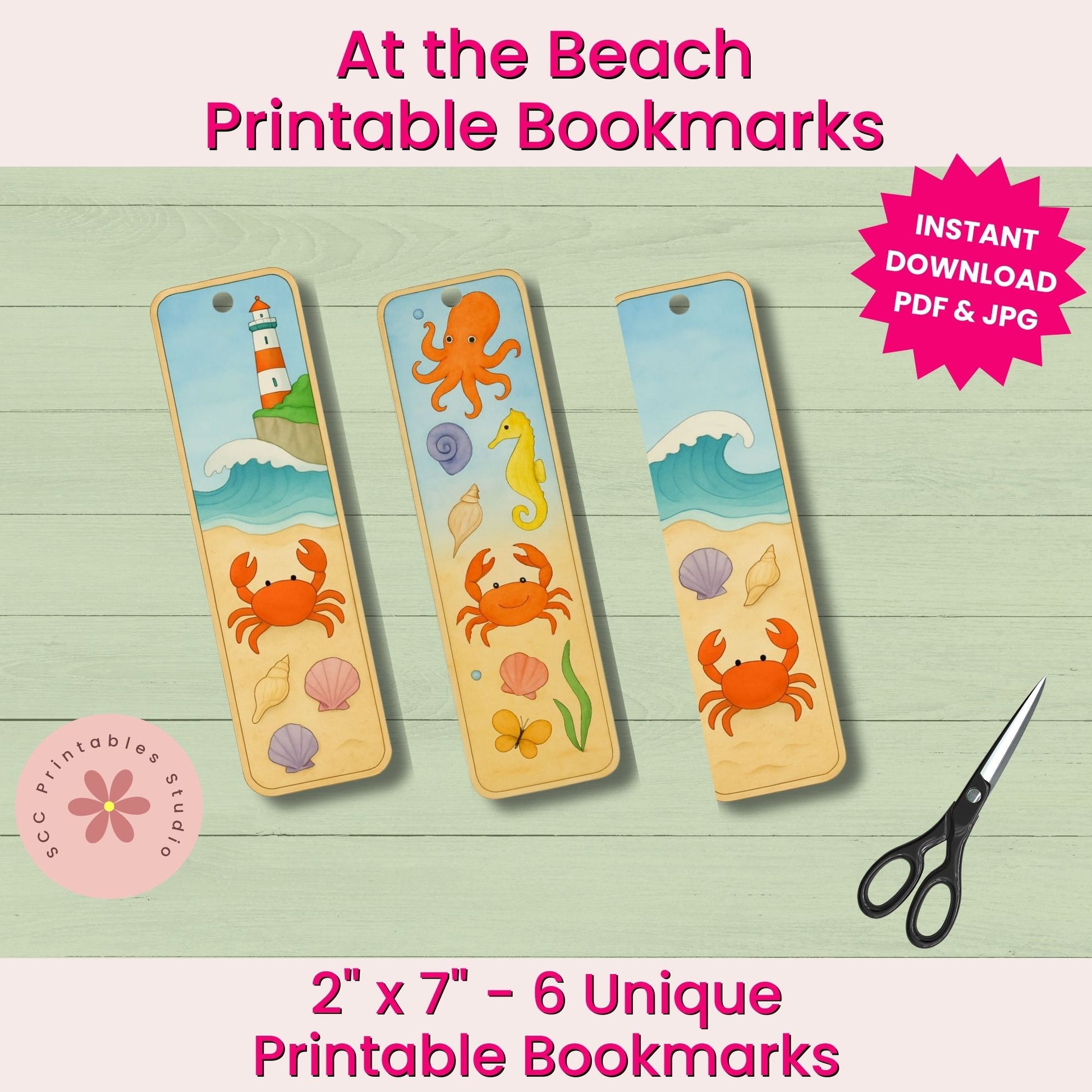 Printable bookmarks with beach-themed designs on a wooden surface with scissors.