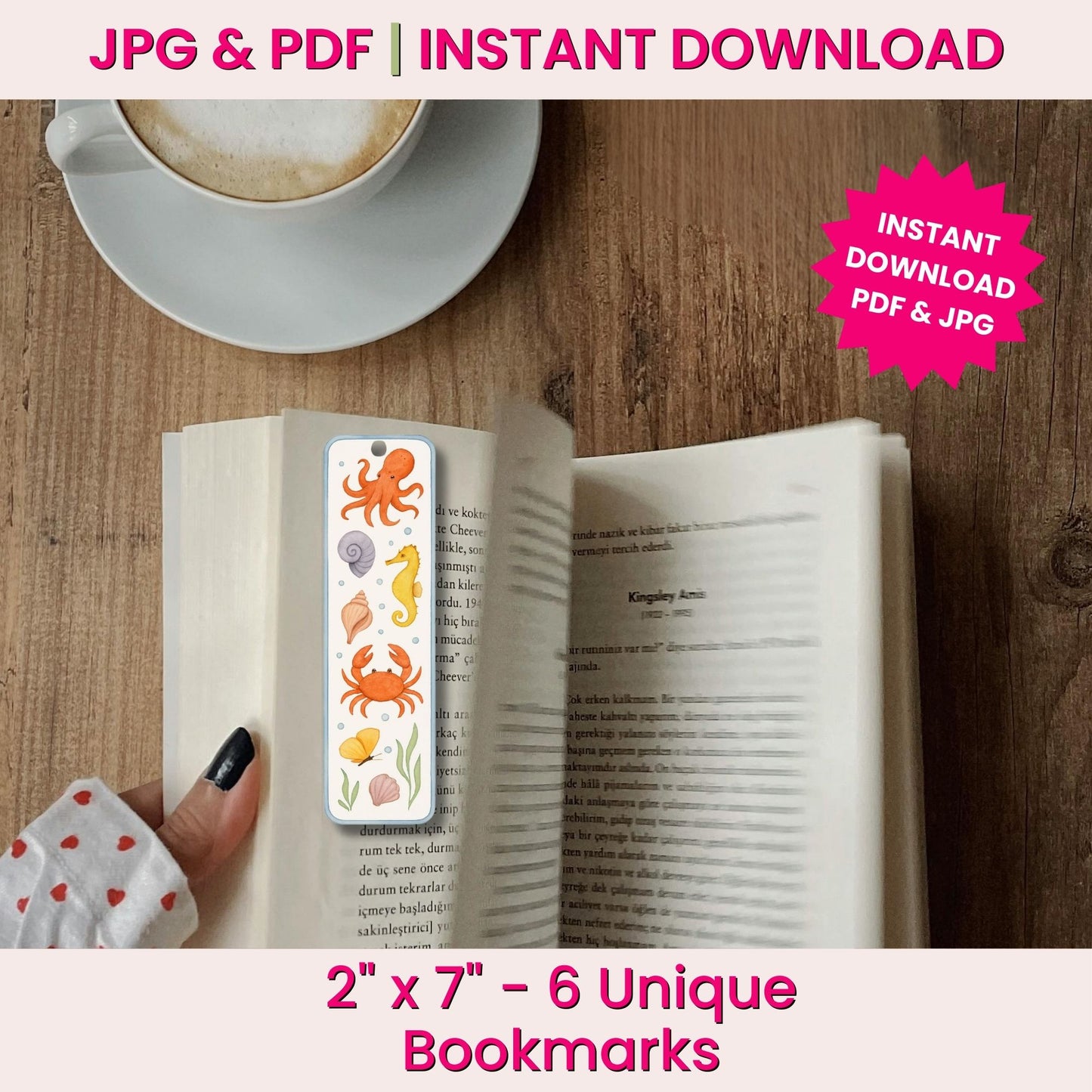 Open book with a colorful bookmark on a wooden table next to a cup of coffee.