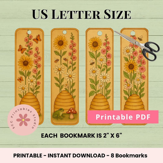 Four floral bookmarks with a bee and butterfly design on a green background, with scissors and a 'Printable PDF' label.