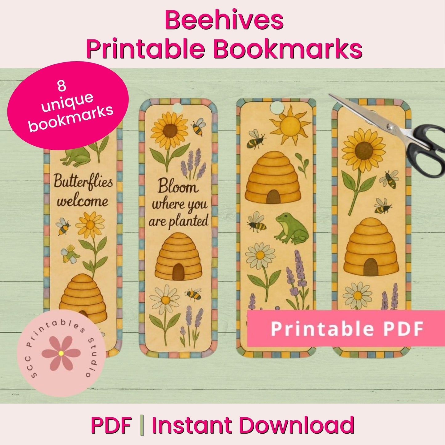 Bee & Beehive Printable Bookmarks, Floral Collage Sheet, Bumble Bee Bookmark Set, Spring Garden Bookmarks, Gift for Mom or Book Club